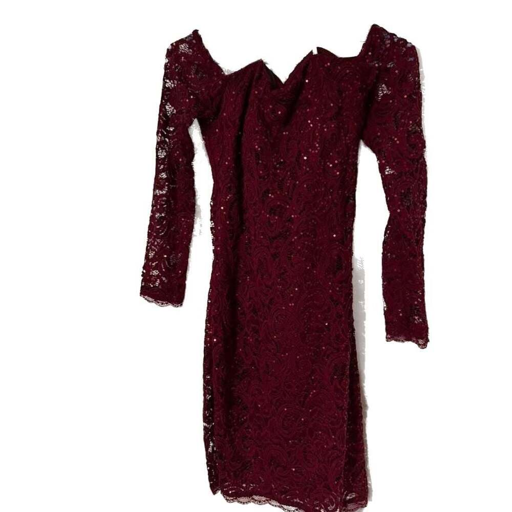 Sequin Hearts Burgundy Lace Long Sleeve Sequin Dress